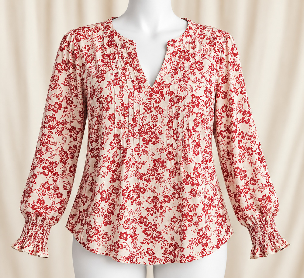 XL Red Floral Blouse Cottagecore Boho Prairie Gramdacore Smocked Sleeve Top NWT
